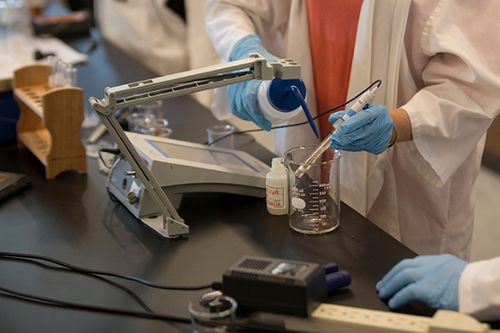 Close-up photo of student conducting an experiment: putting liquid into a beaker and measuring with a probe