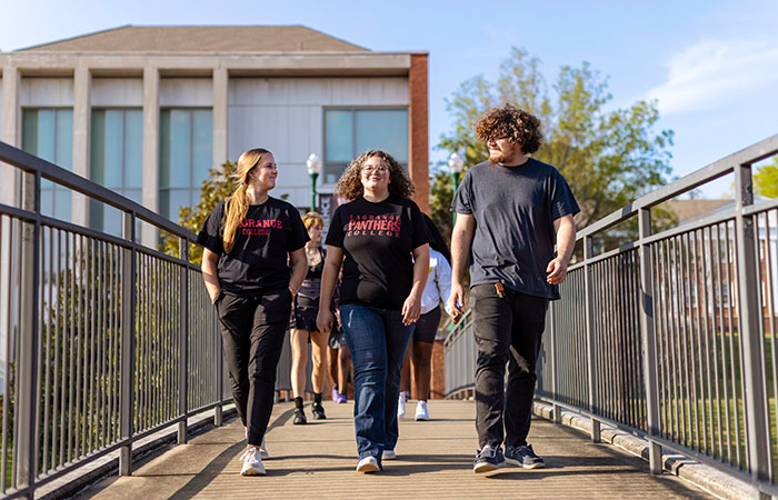 several students cross the bridge in black LaGrange College tshirts