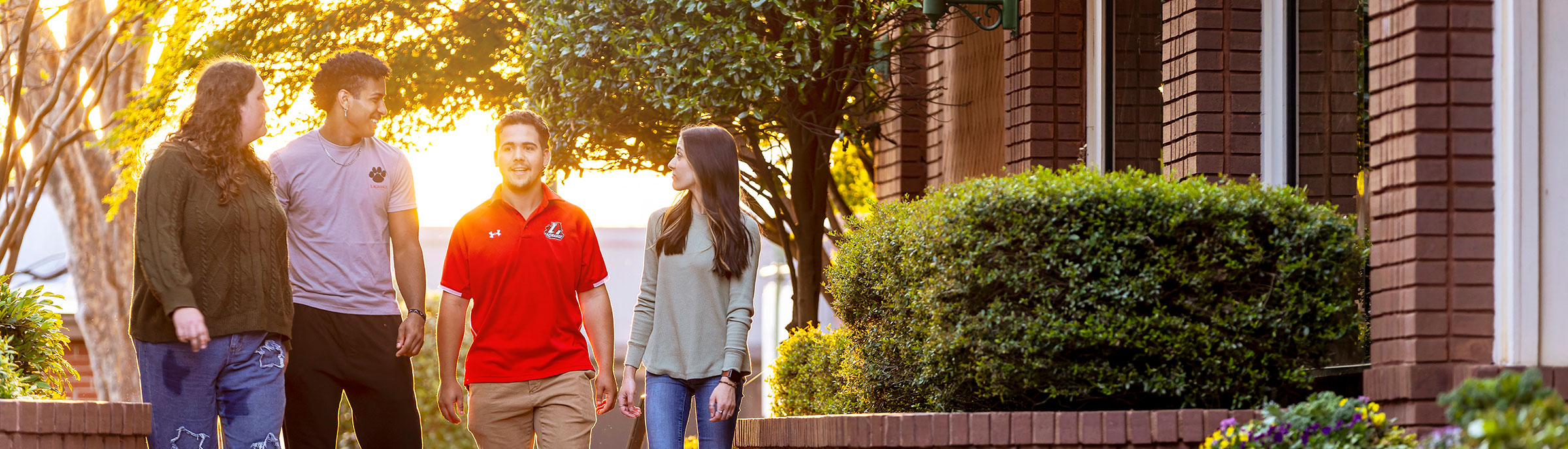 Four students walk towards the camera on a sunset afternoon