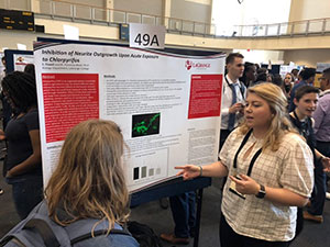A student discusses her research with another NCUR attendee