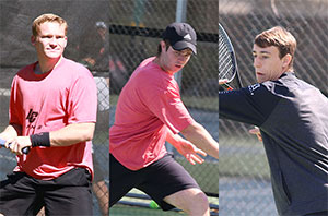 Three pictures of men's tennis players on court playing in the tournament