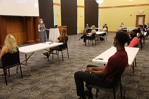 President Baxter addresses a group of students in Dickson Assembly Room