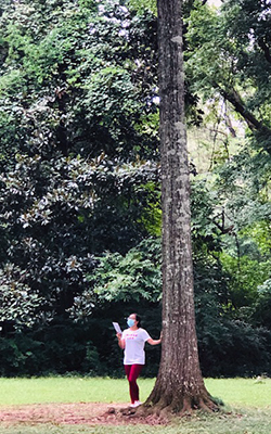 Actor underneath a large tree at Sunny Gables and reading from a script