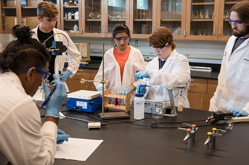 Five students performing an experiment in a chemistry lab class