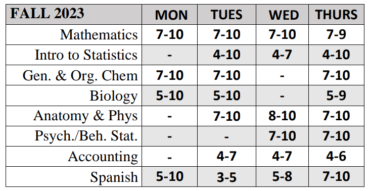 Tutoring Center schedule