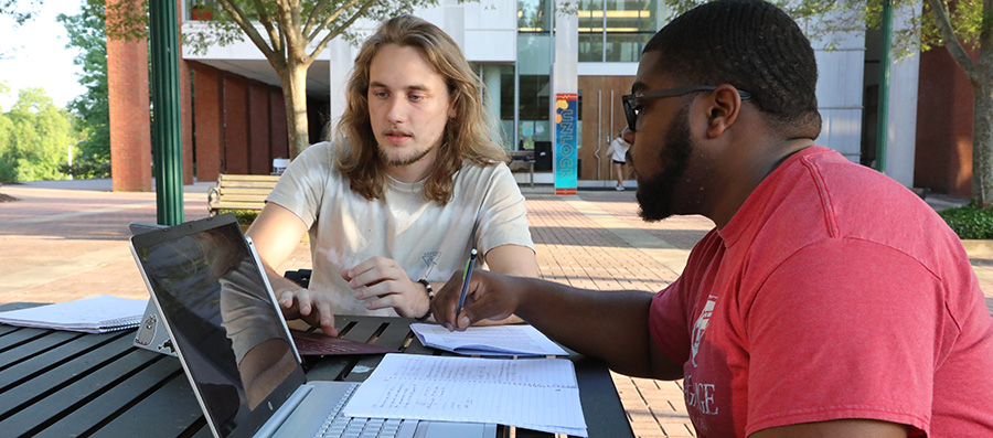 Two students study outside on the plaza
