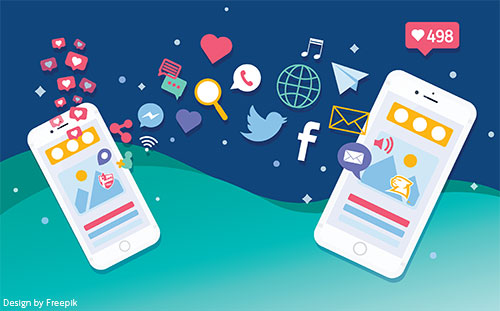 Illustrated drawing of two cell phones showing social media icons