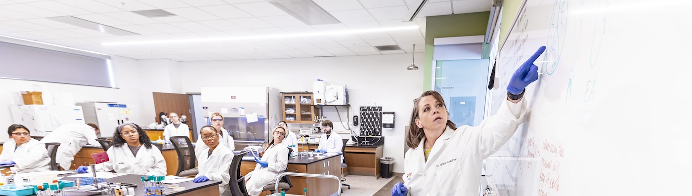 Biology professor explaining formula to class of students.