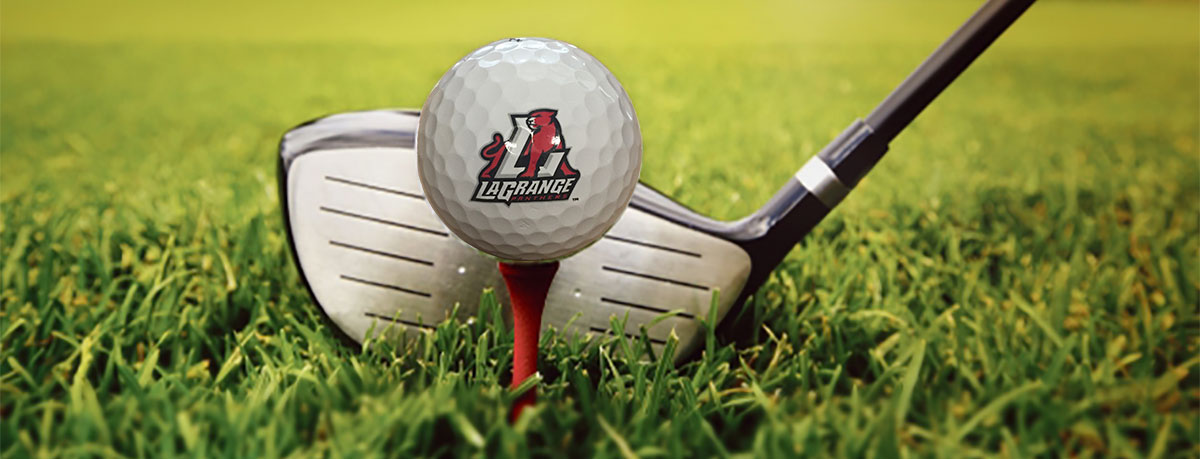 A LaGrange Panthers golf ball on a red tee  with a golf club