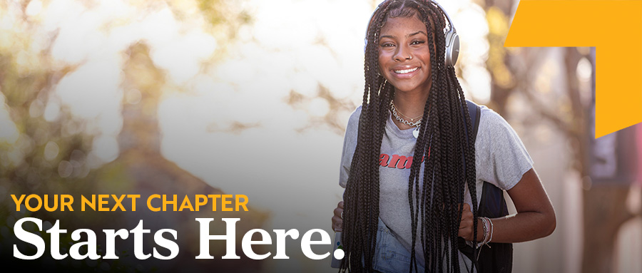 A female student smiles at the camera. Overlay text reads Your next chapter starts here.